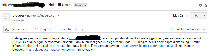 Contoh Email dari Blogger tentang Penghapusan Blog